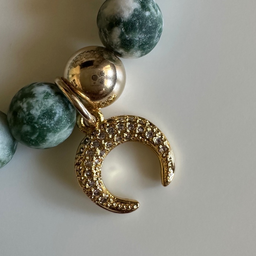 Moss Agate Bracelet | 8mm Matte Beads | 14K Gold Filled & Pavé Charm | Earthy - Picture 5 of 7